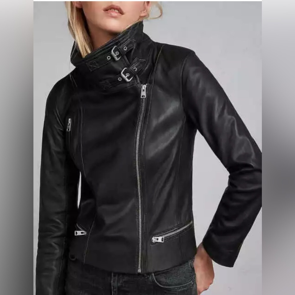 US SIZE 8 ALLSAINTS BALES BIKER LEATHER JACKET BLACK